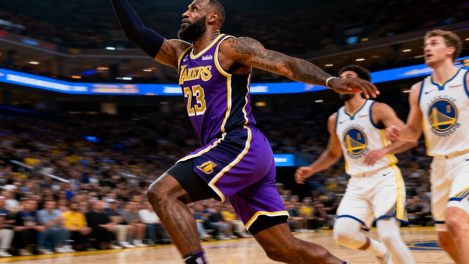 NBA常规赛詹姆斯突破上篮，湖人vs勇士精彩瞬间集锦
