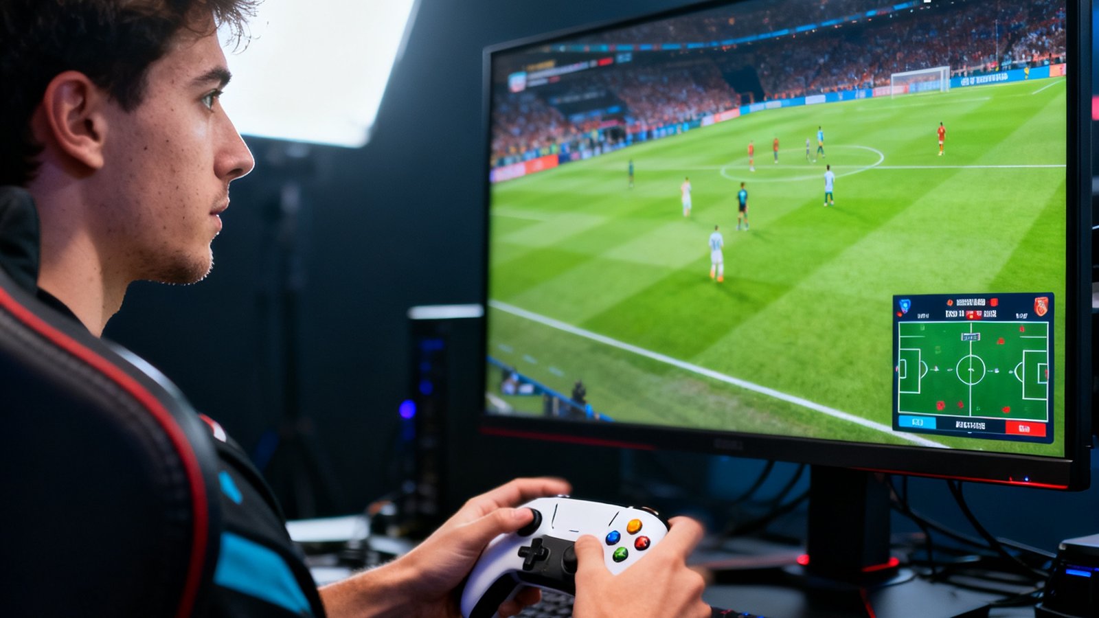 FIFA24线上锦标赛总决赛，选手专注操作与实时战术调整